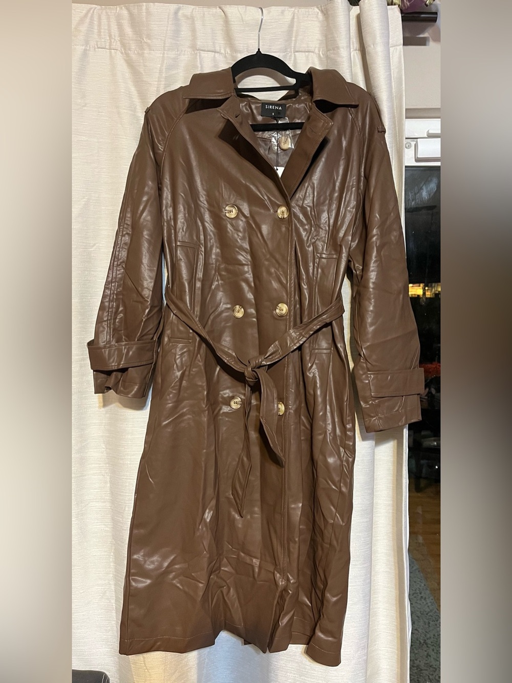 NWT Sirena brand chocolate brown faux-leather trench coat Size Small